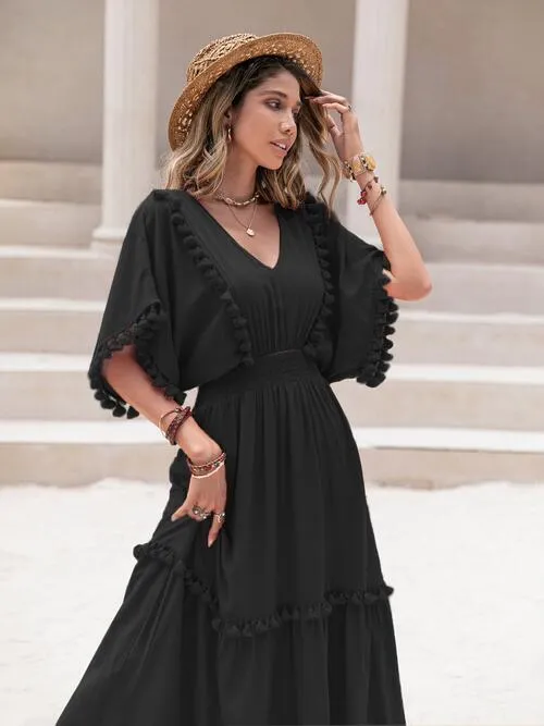 V-Neck Dress with Tassel Trim and Smocked Short Sleeves