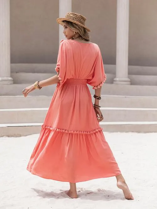 V-Neck Dress with Tassel Trim and Smocked Short Sleeves