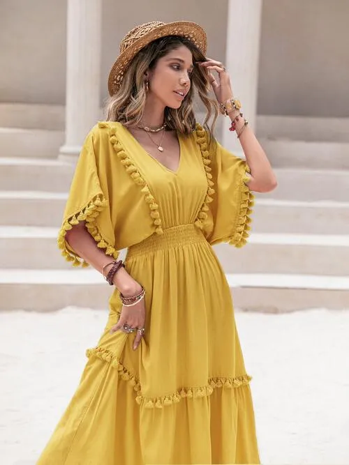 V-Neck Dress with Tassel Trim and Smocked Short Sleeves