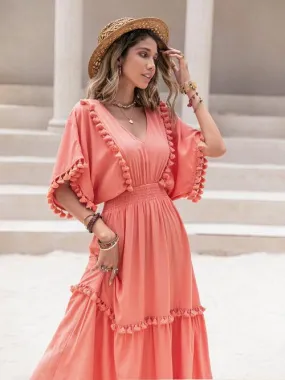 V-Neck Dress with Tassel Trim and Smocked Short Sleeves