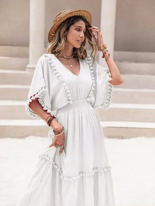 V-Neck Dress with Tassel Trim and Smocked Short Sleeves