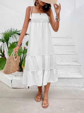 Smocked Tiered Midi Dress with Tie Shoulders