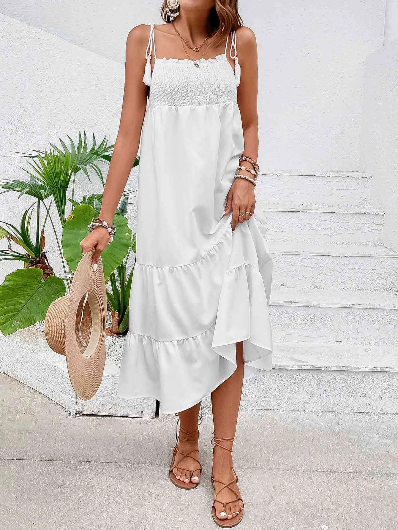 Smocked Tiered Midi Dress with Tie Shoulders