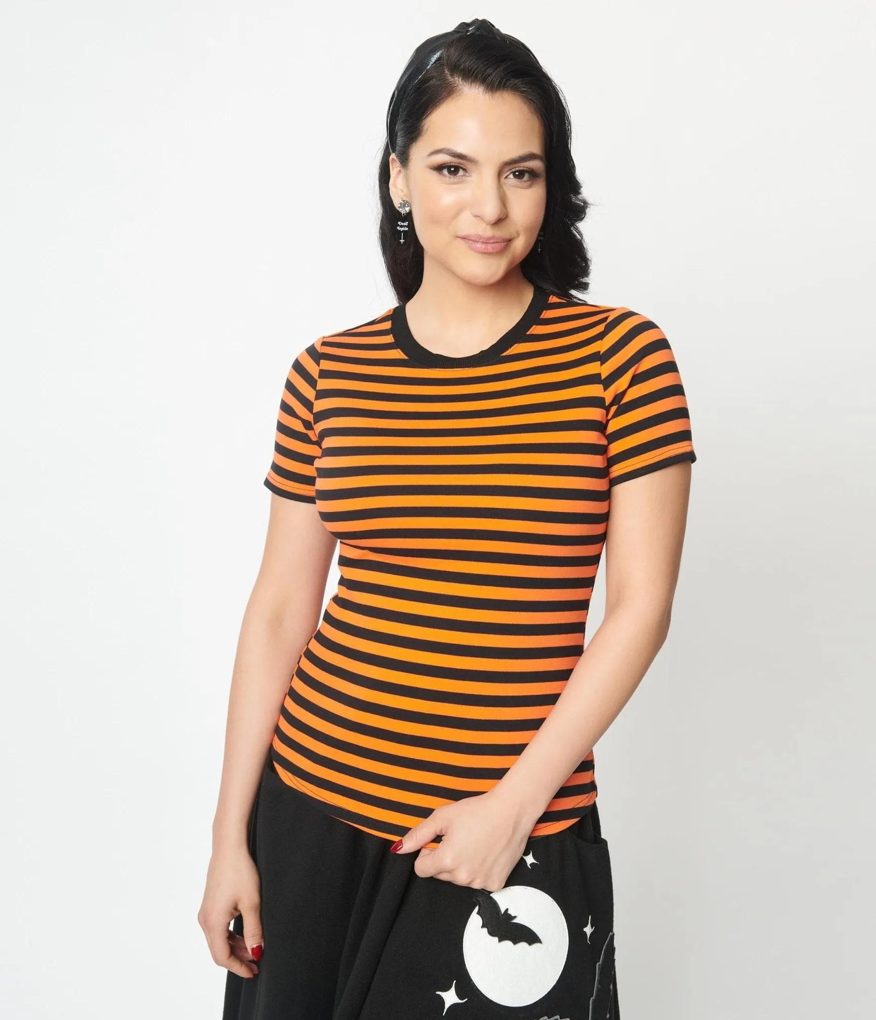 Vintage Orange & Black Striped Basic Top