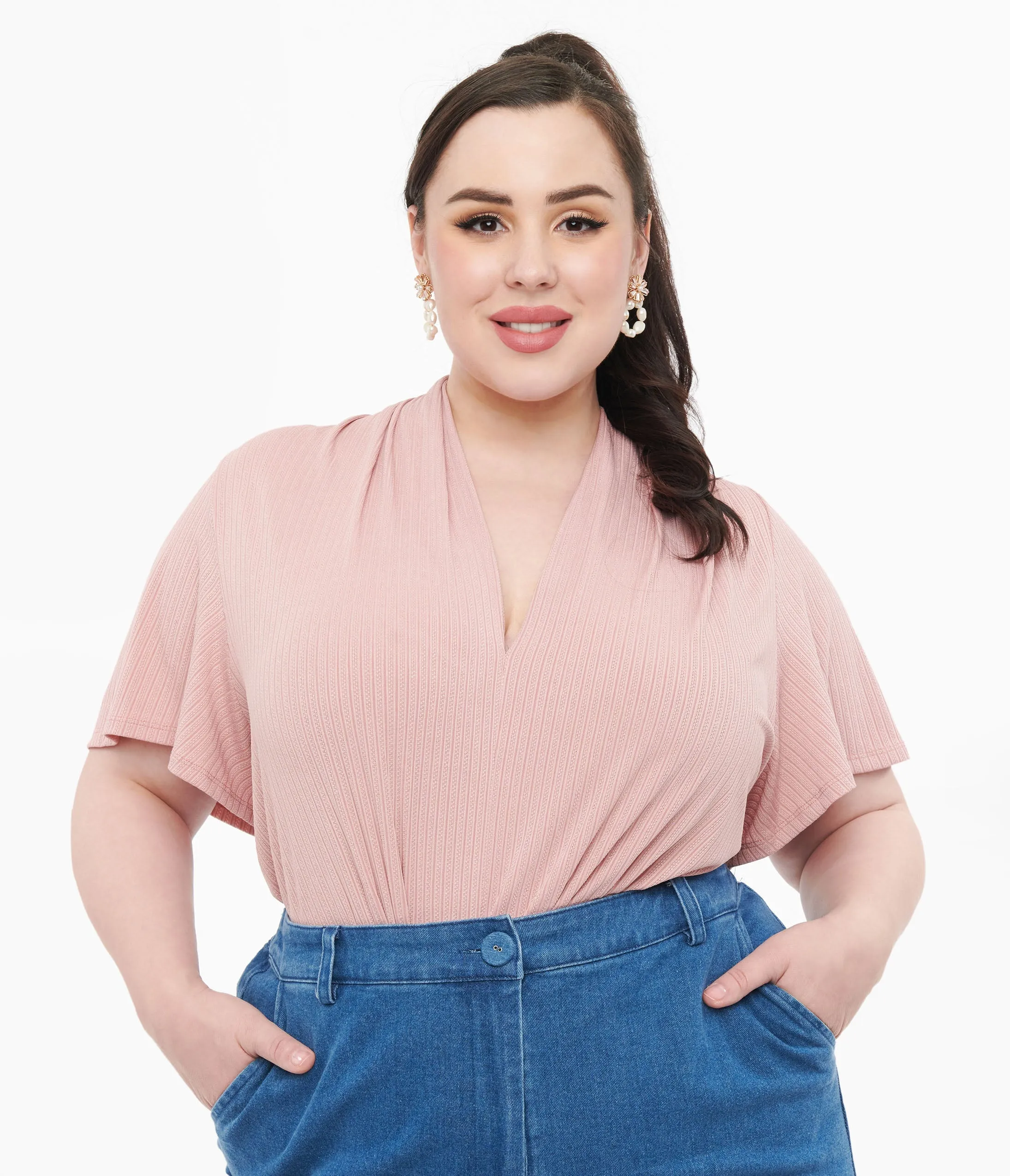 Rose Pink Pointelle Flutter Sleeve Plus Size Bodysuit Vintage Unique