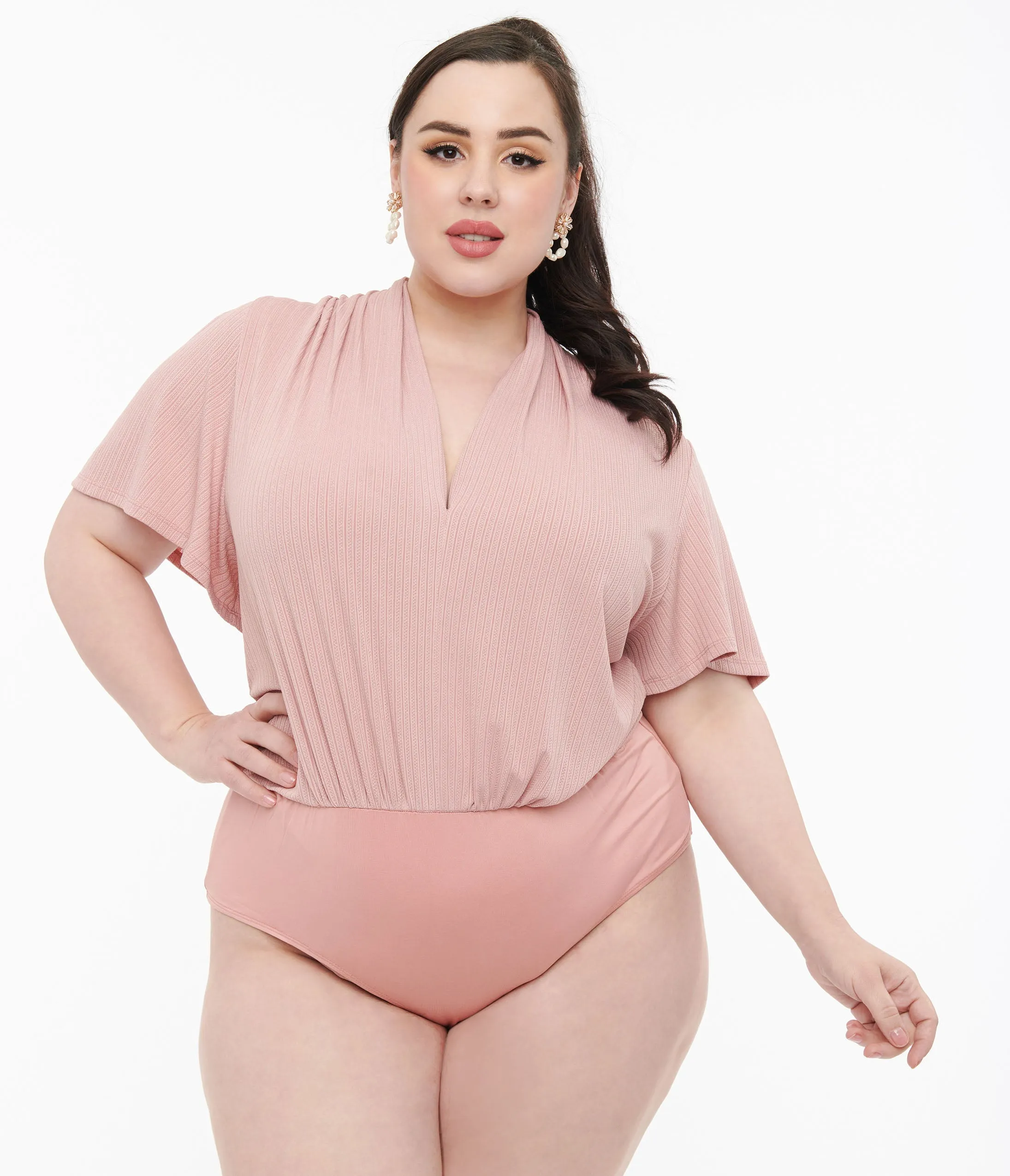 Rose Pink Pointelle Flutter Sleeve Plus Size Bodysuit Vintage Unique