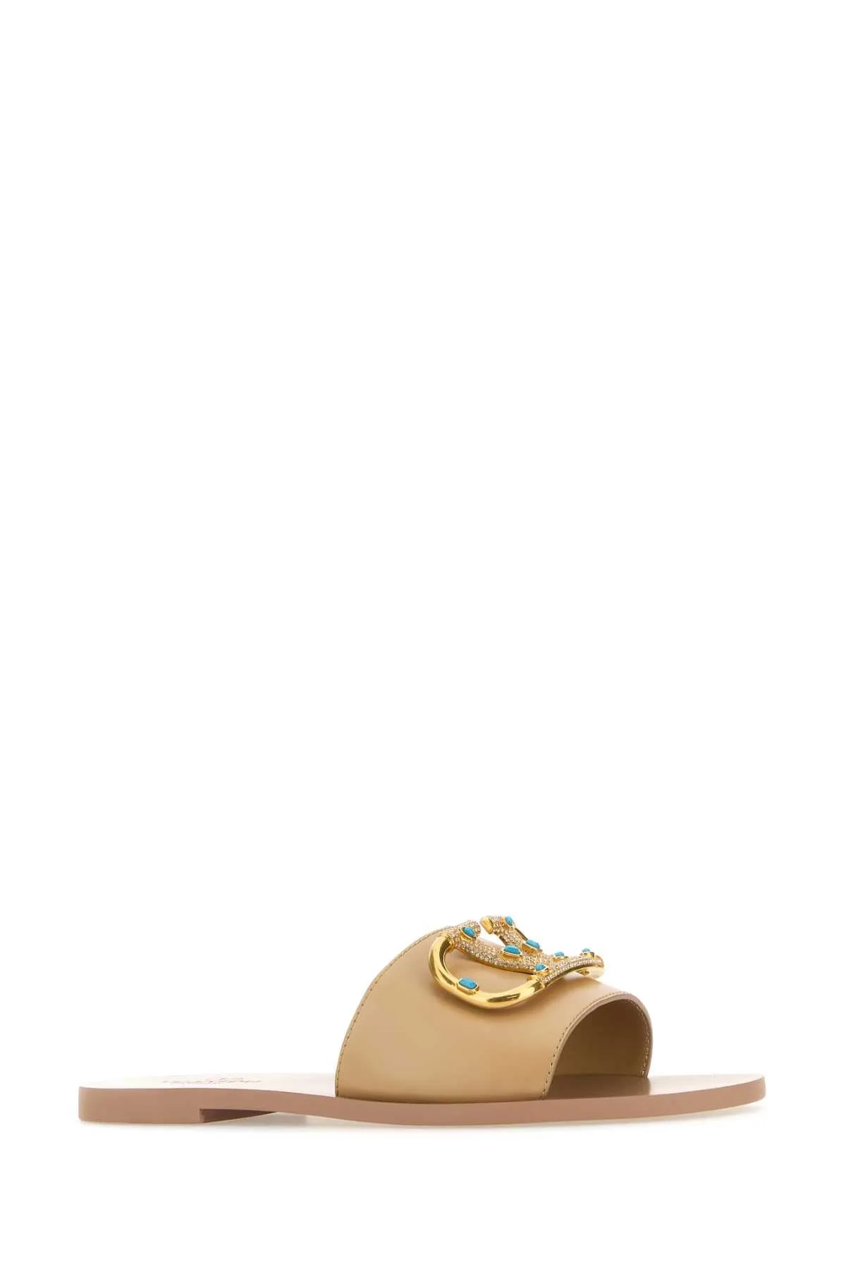 Valentino Garavani Beige Leather V Logo Slippers