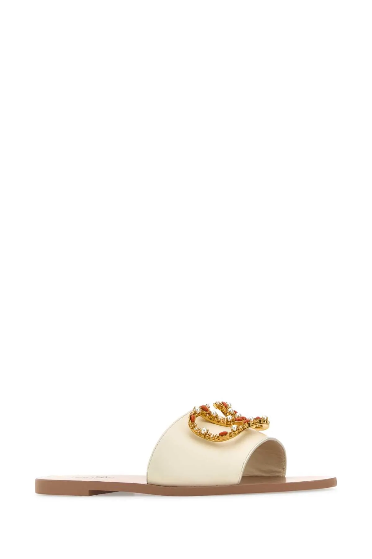 Valentino Garavani Ivory Leather V Logo Signature Slippers