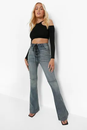 Vintage Wash Lace Up Stretch Flared Jeans