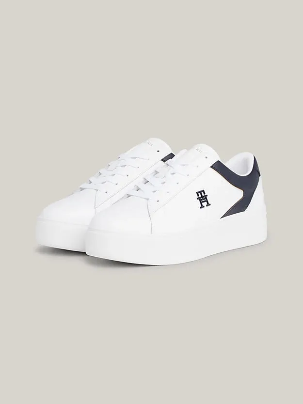 White Navy TOMMY HILFIGER Leather Platform Sneaker.