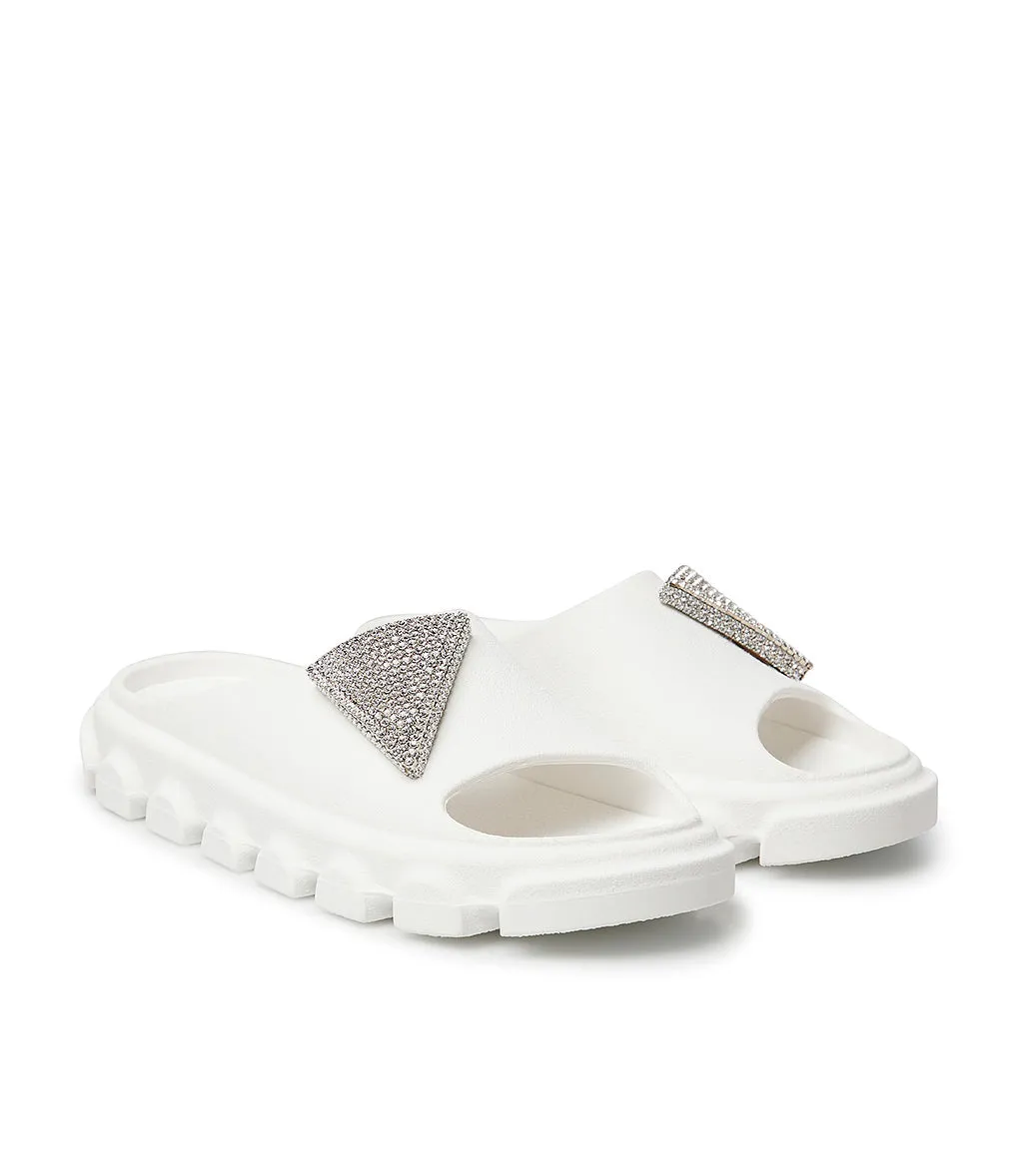 White rubber slides with gem embellishment