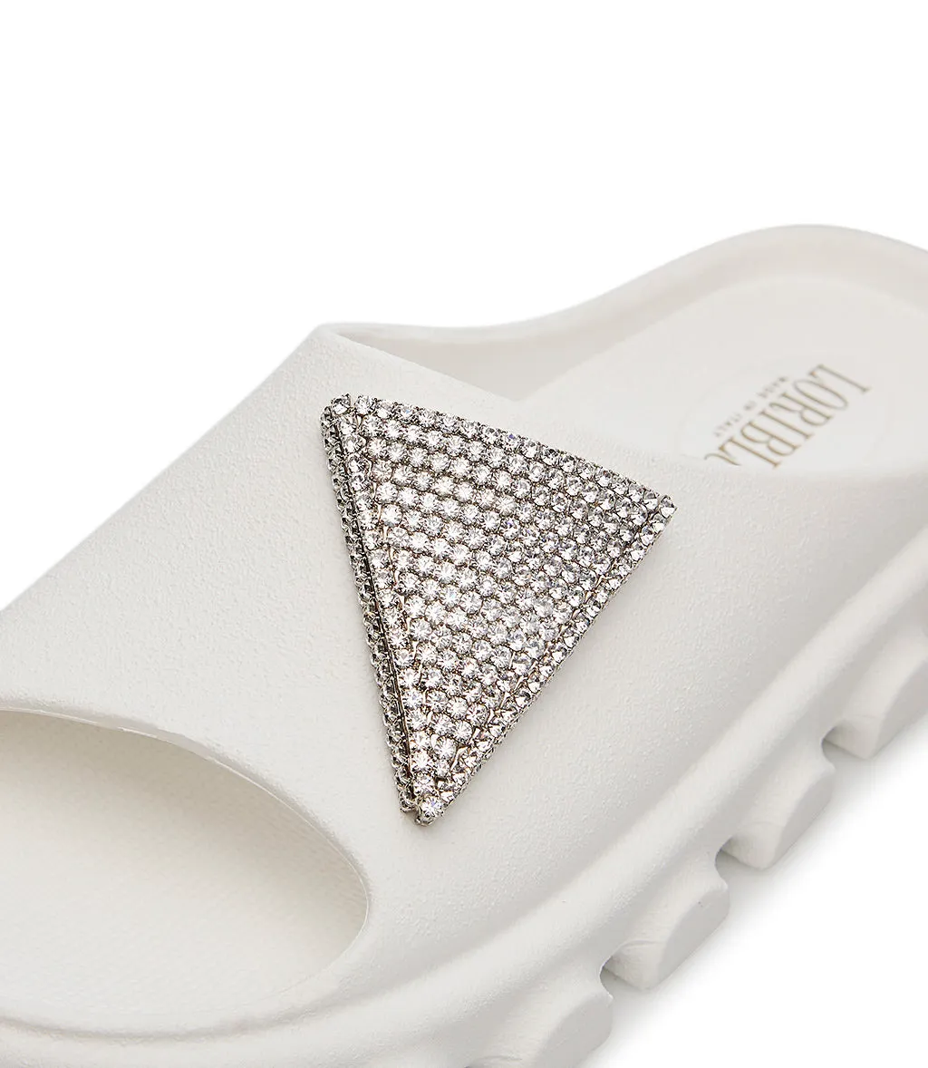 White rubber slides with gem embellishment