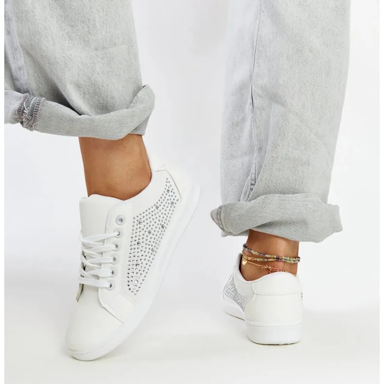 White sports sneakers with Gyenes rhinestones