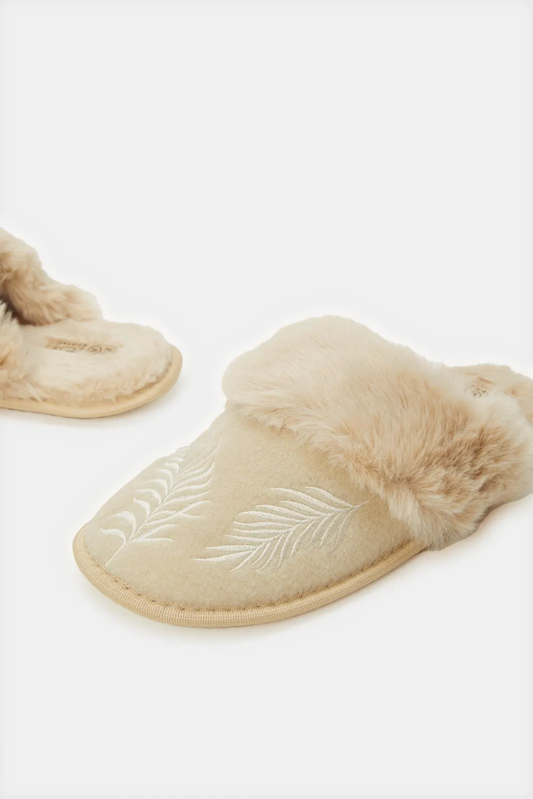 Women Beige Embellished Slippers