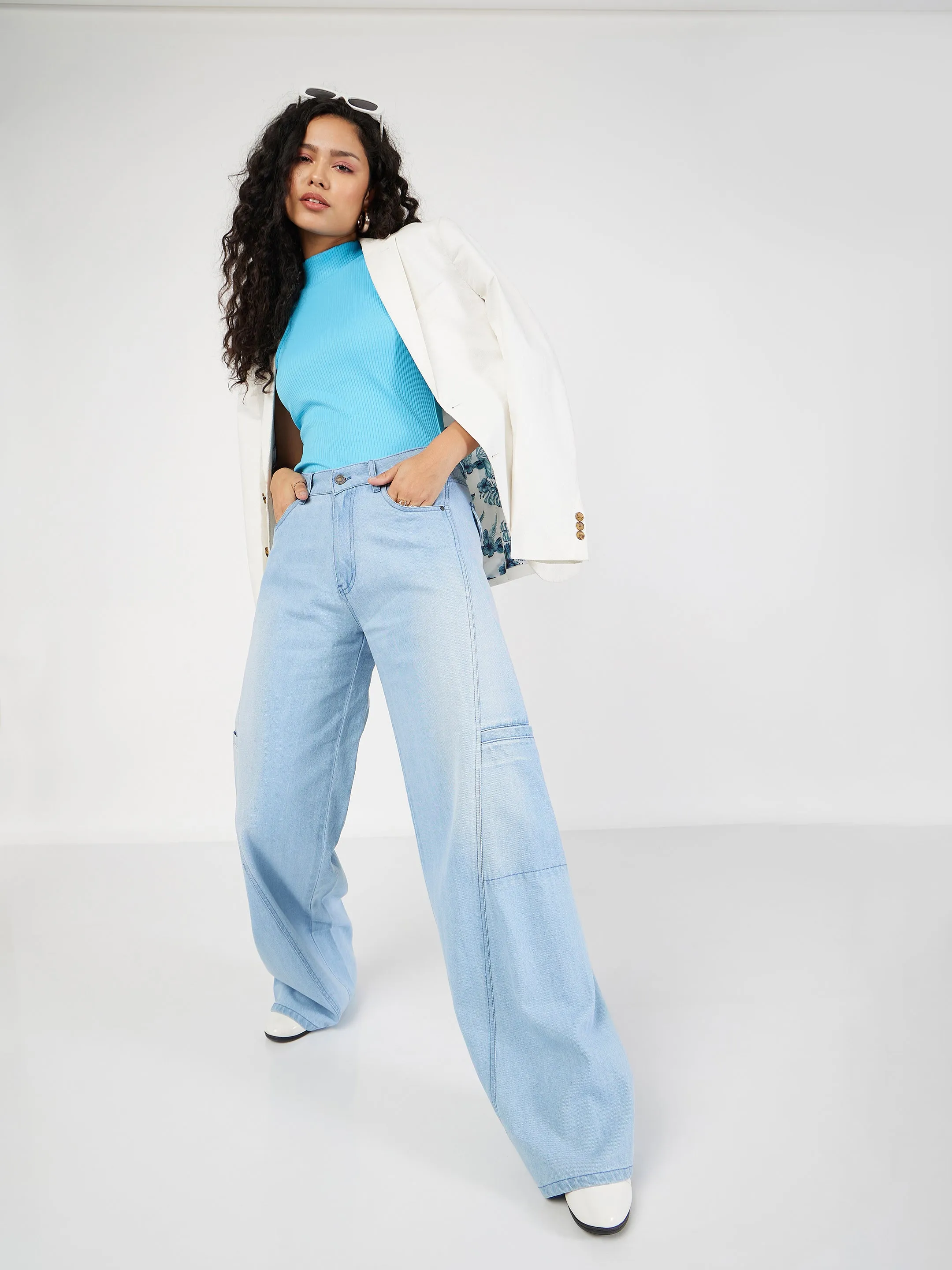 Women Ice Blue Wide Leg Jeans