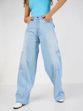 Women Ice Blue Wide Leg Jeans