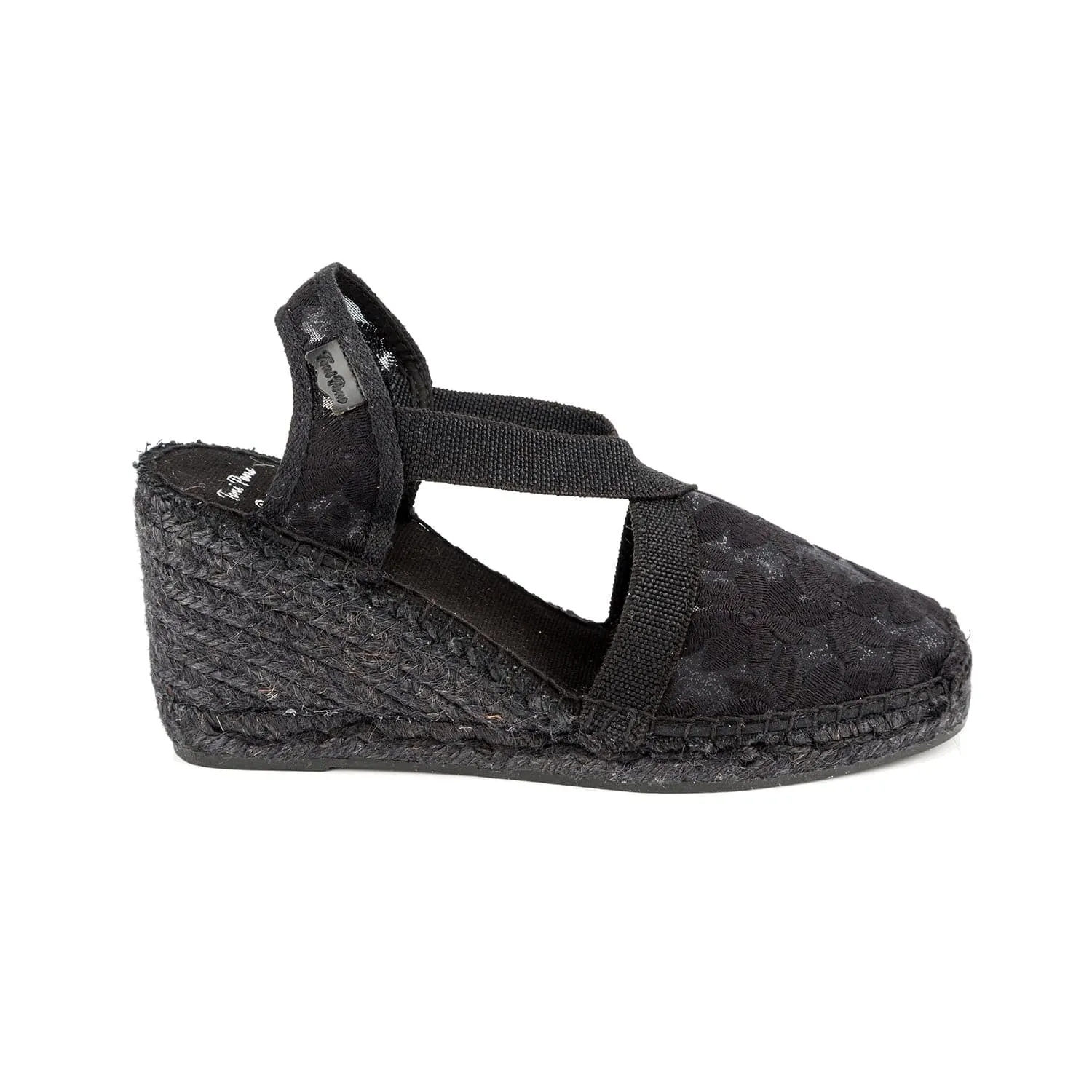 Women's Black Cotton Blend Wedge Espadrille with Embroidery - Terra-7FBK