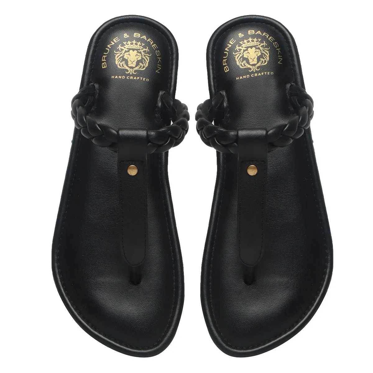 Women's Black Knotted T-Strap Slippers By Brune & Bareskin