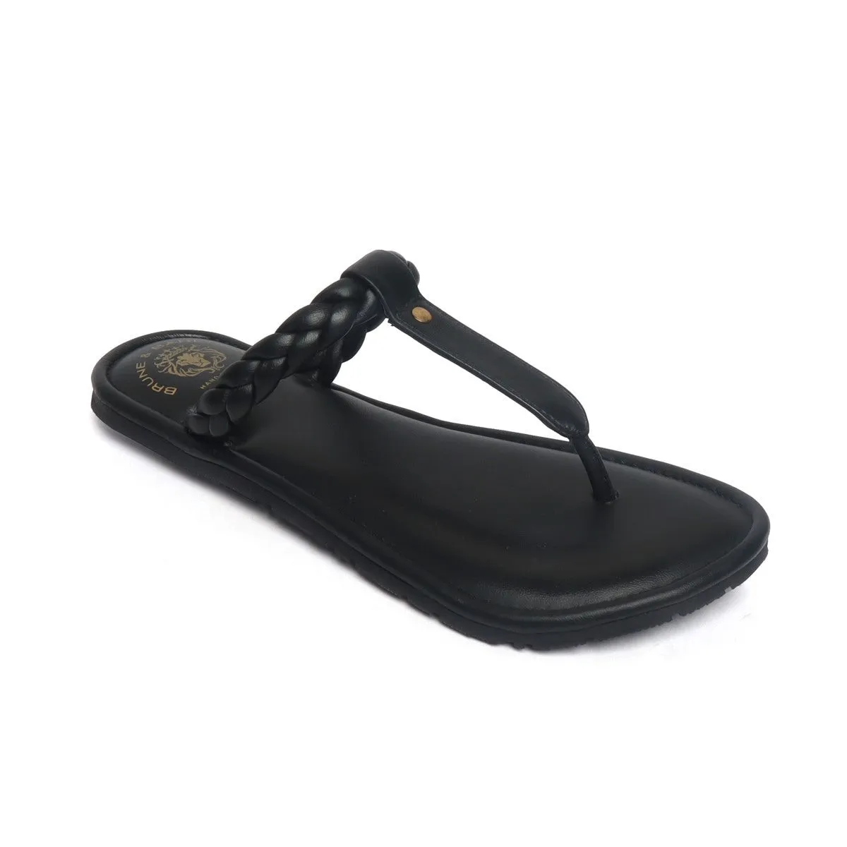 Women's Black Knotted T-Strap Slippers By Brune & Bareskin