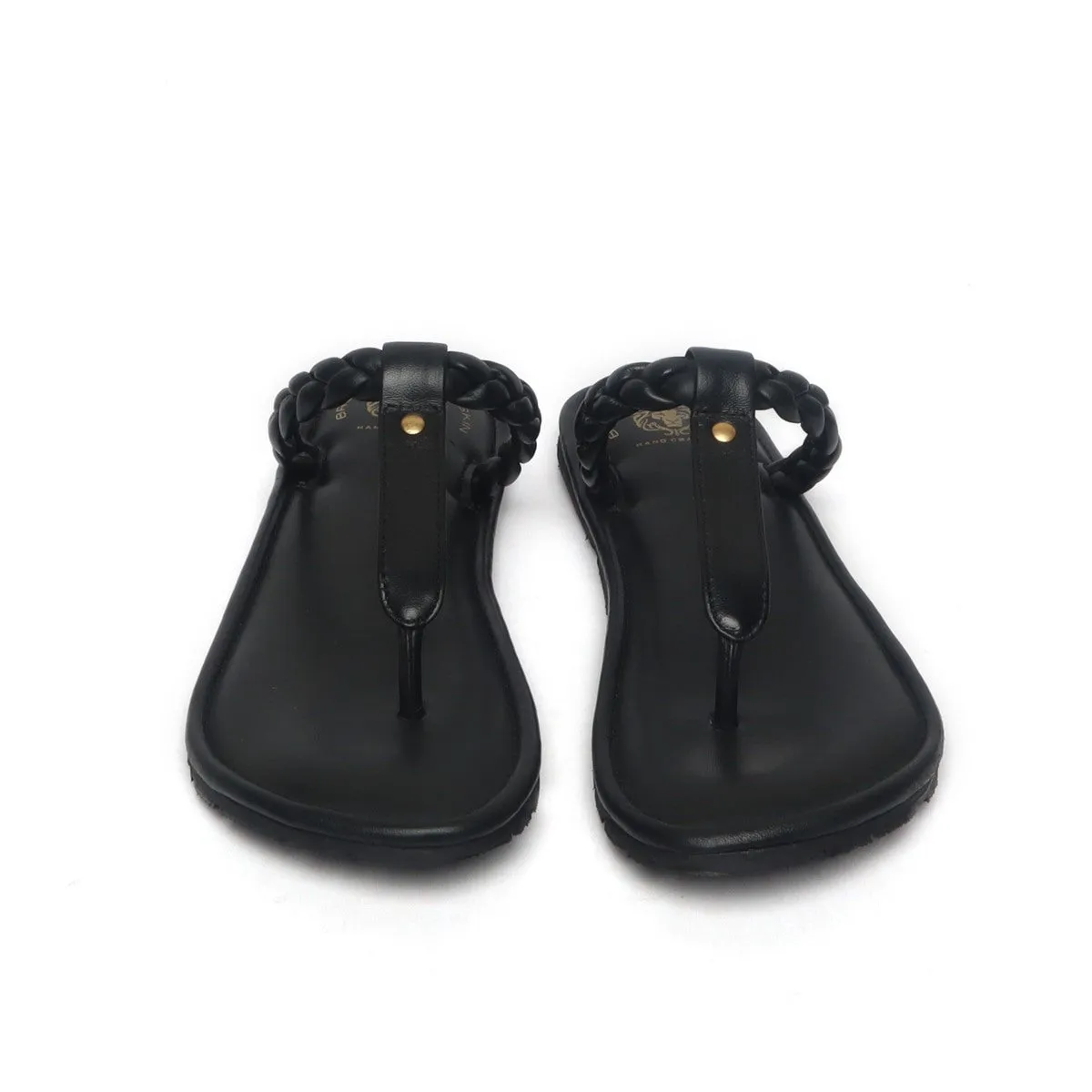 Women's Black Knotted T-Strap Slippers By Brune & Bareskin