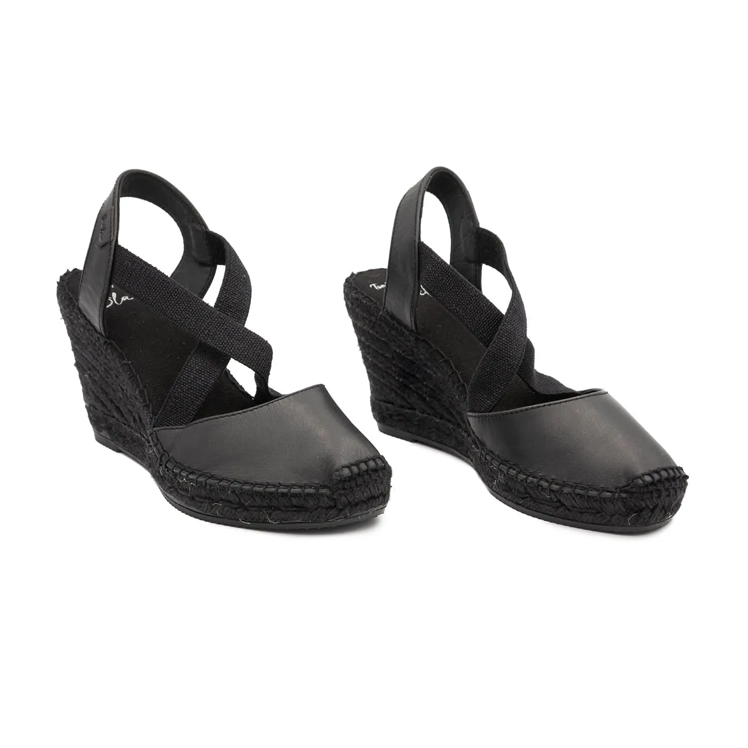 Women's Black Leather Espadrille Wedge Sandal - Saba Collection