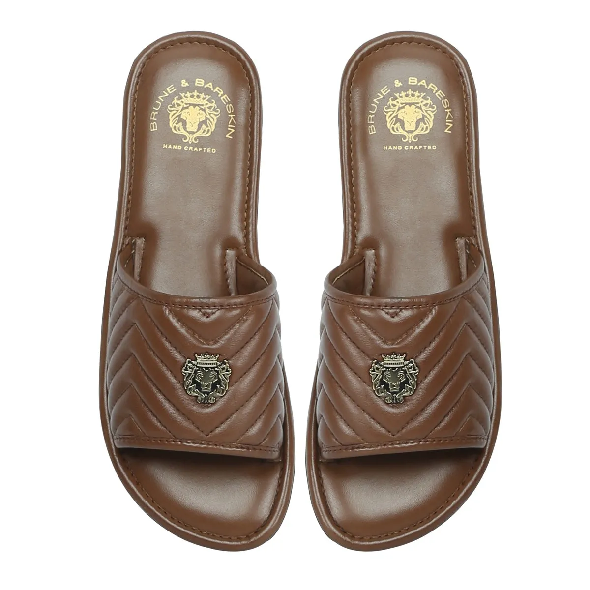 Women's Brown Leather Zig-Zag Strap Comfy Slide-in Slippers by Brune & Bareskin