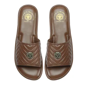 Women's Brown Leather Zig-Zag Strap Comfy Slide-in Slippers by Brune & Bareskin