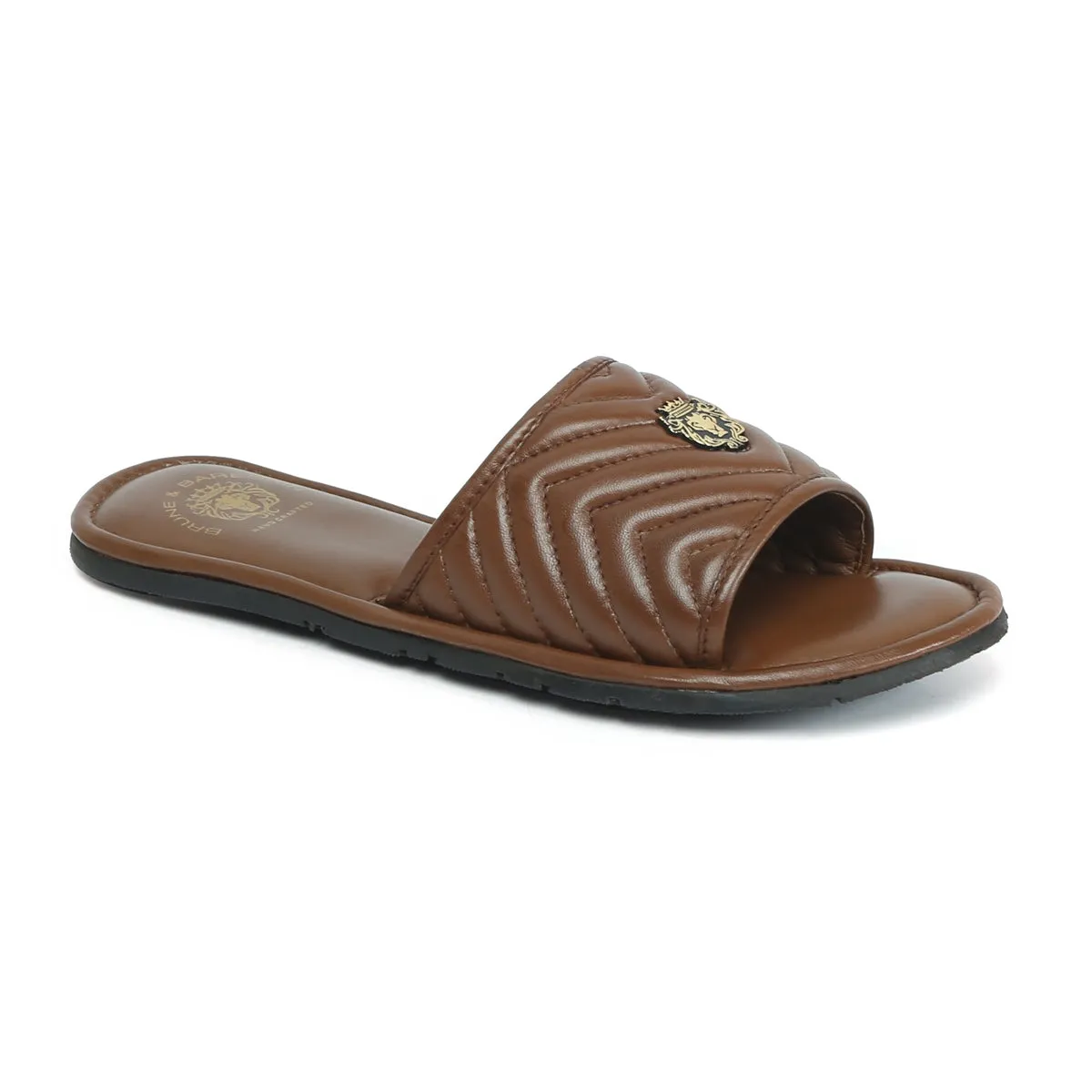 Women's Brown Leather Zig-Zag Strap Comfy Slide-in Slippers by Brune & Bareskin