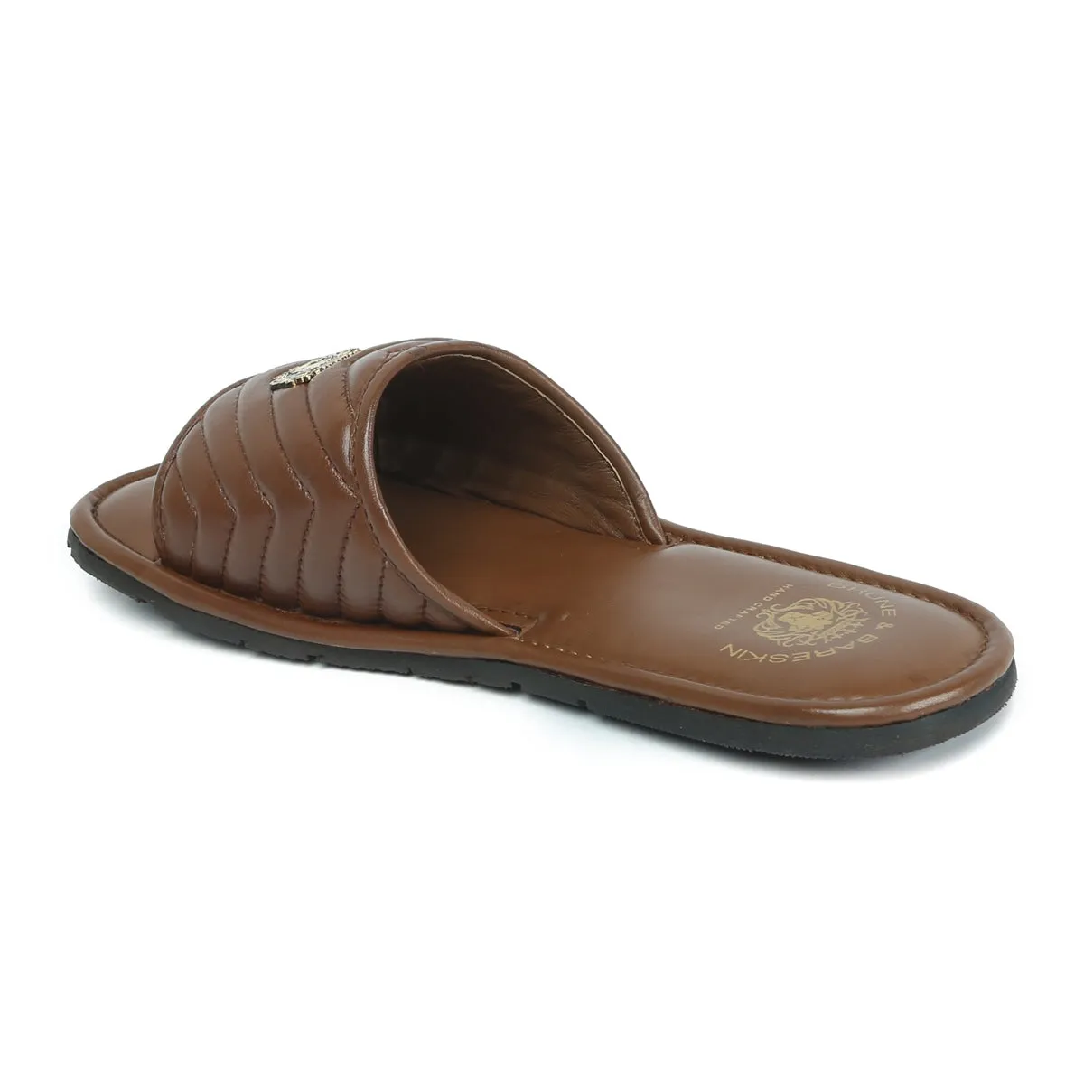 Women's Brown Leather Zig-Zag Strap Comfy Slide-in Slippers by Brune & Bareskin