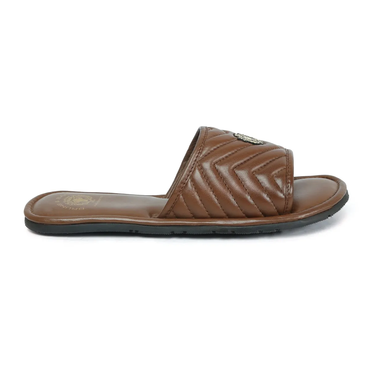 Women's Brown Leather Zig-Zag Strap Comfy Slide-in Slippers by Brune & Bareskin