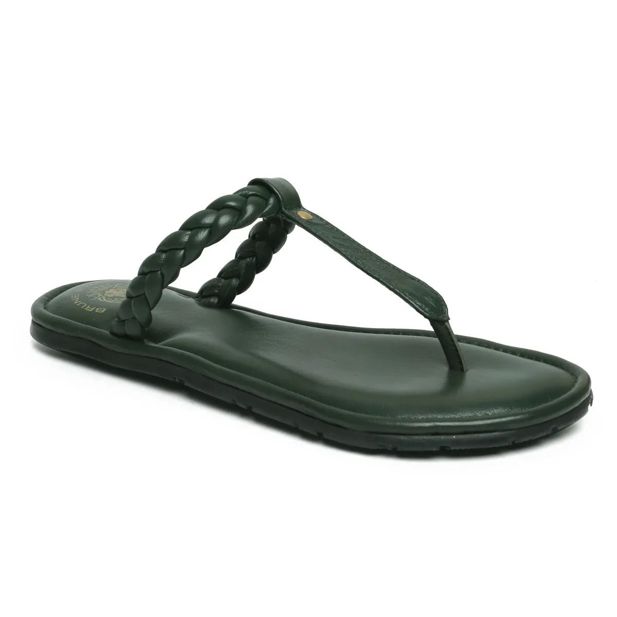 Women's Green Leather Knotted T-Strap Slippers by Brune & Bareskin