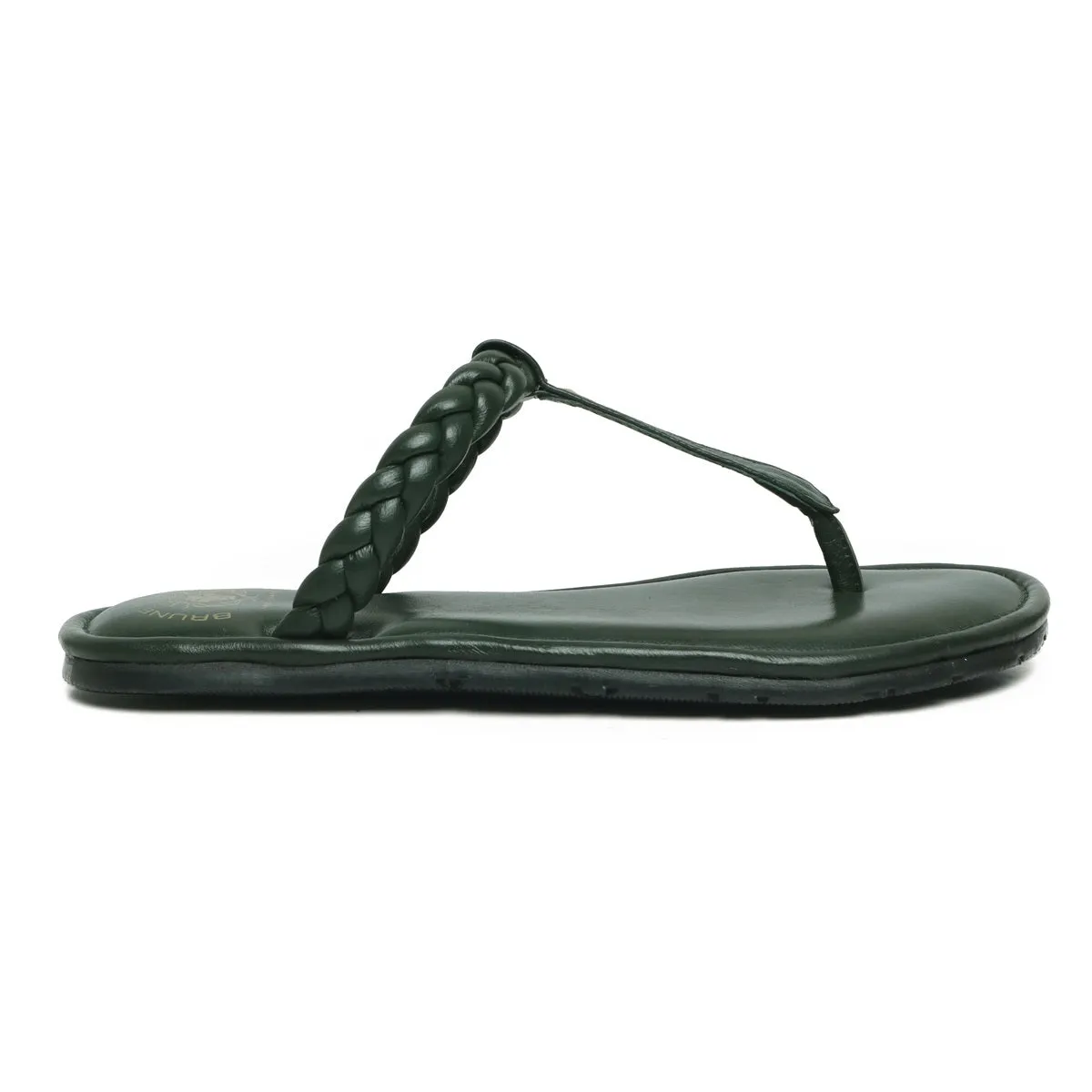 Women's Green Leather Knotted T-Strap Slippers by Brune & Bareskin