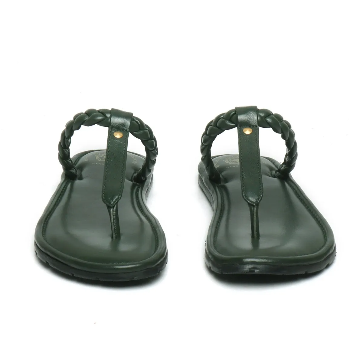 Women's Green Leather Knotted T-Strap Slippers by Brune & Bareskin