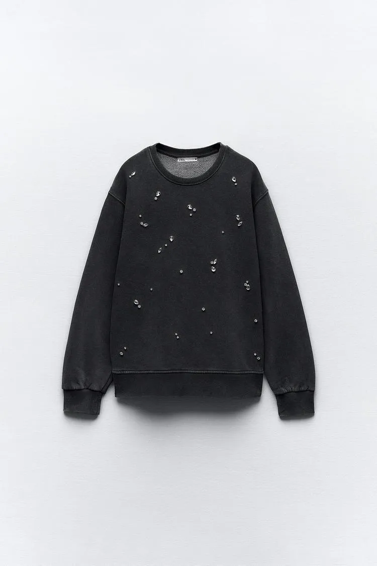 ZARA Washed Rhinestone Sweatshirt - Shop Now