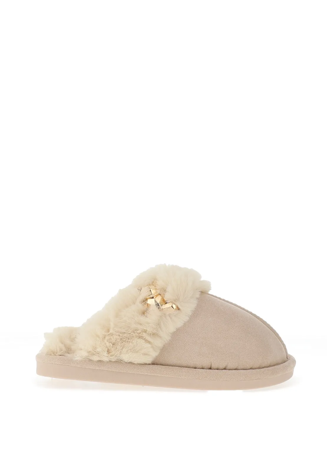 Zen Collection Faux Fur Brooch Detail Slippers, Beige