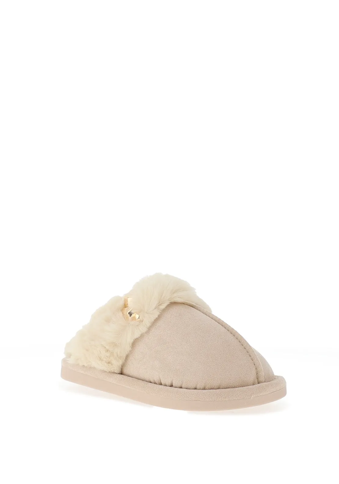 Zen Collection Faux Fur Brooch Detail Slippers, Beige