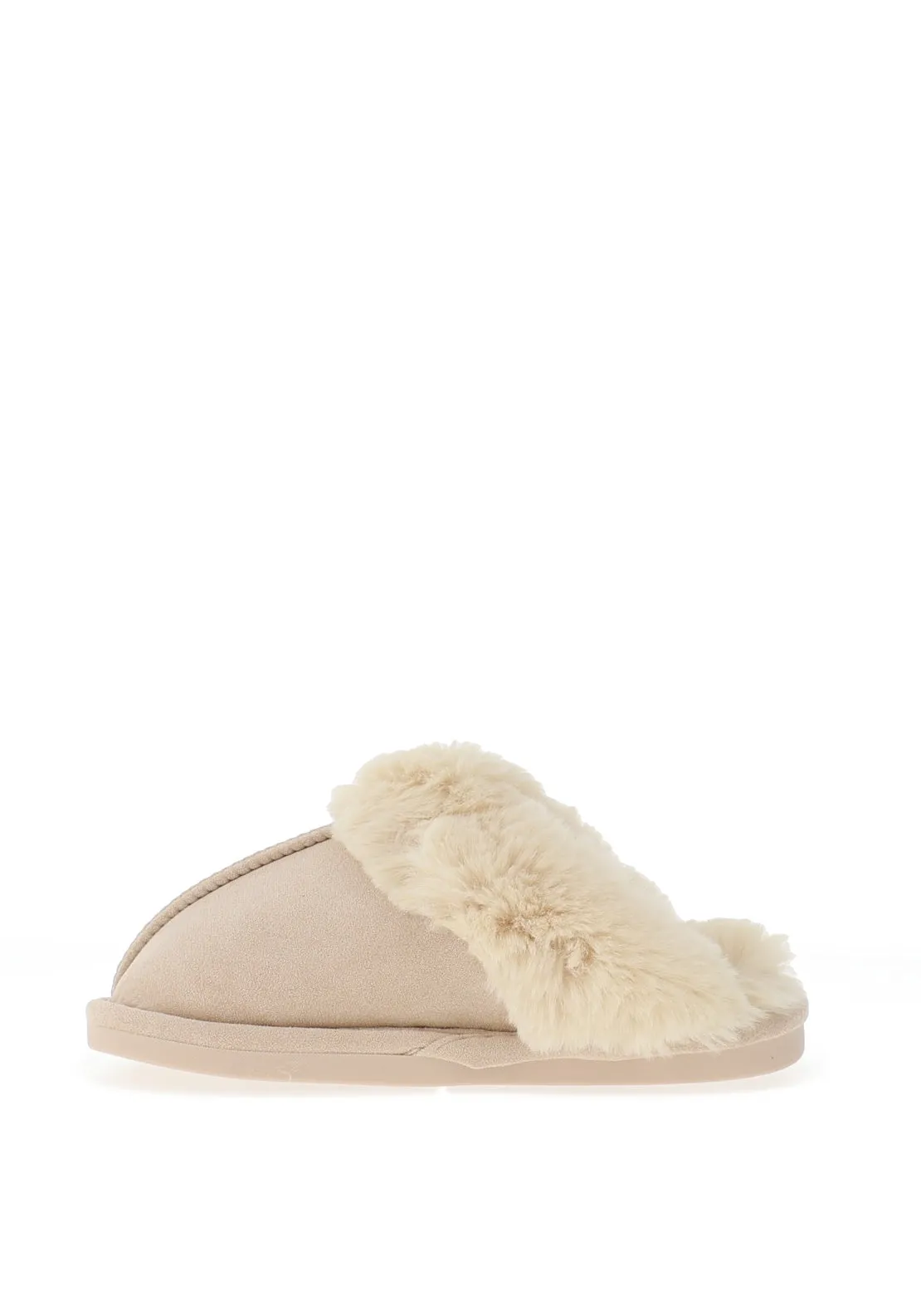 Zen Collection Faux Fur Brooch Detail Slippers, Beige