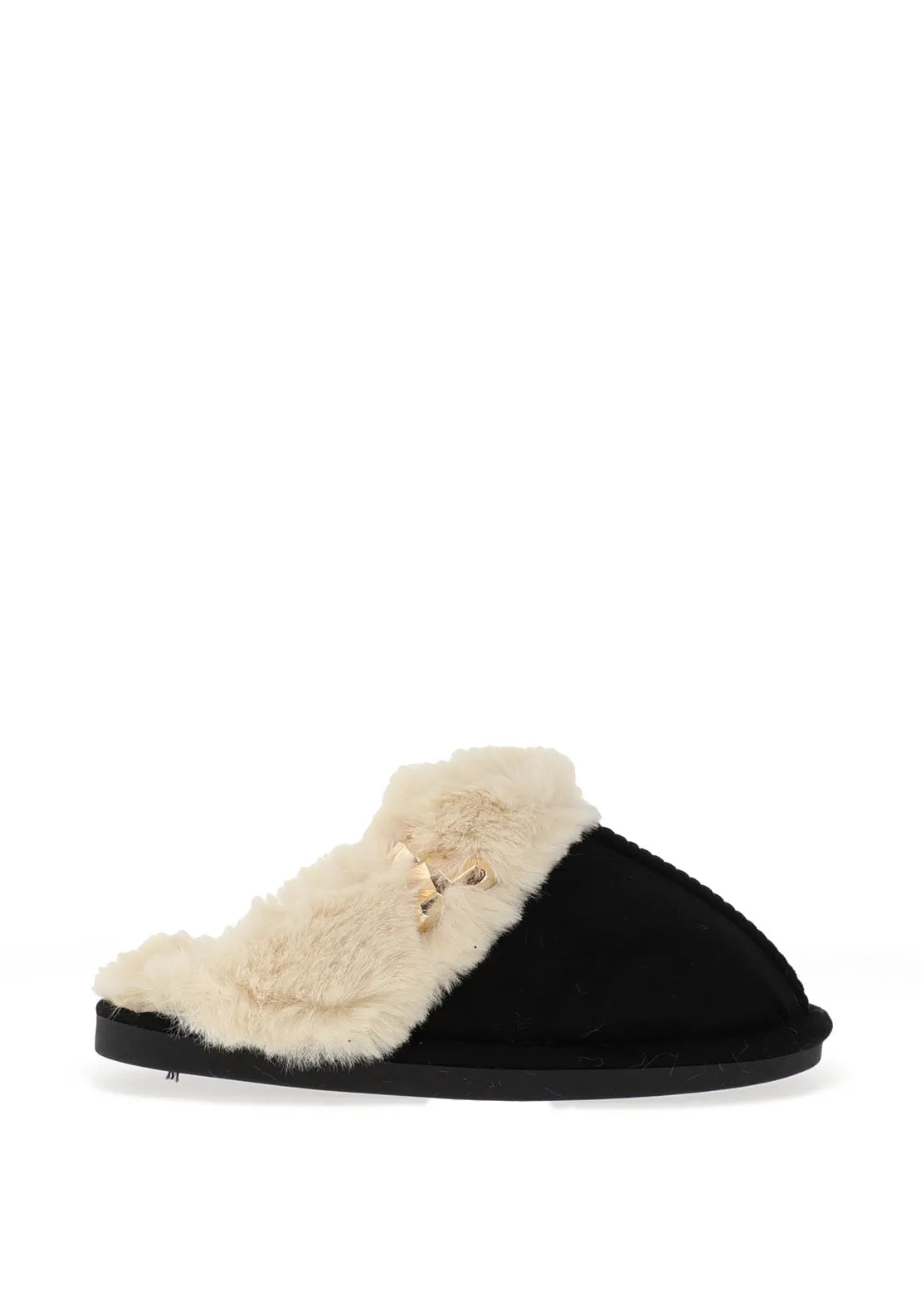 Zen Collection Faux Fur Brooch Detail Slippers, Black