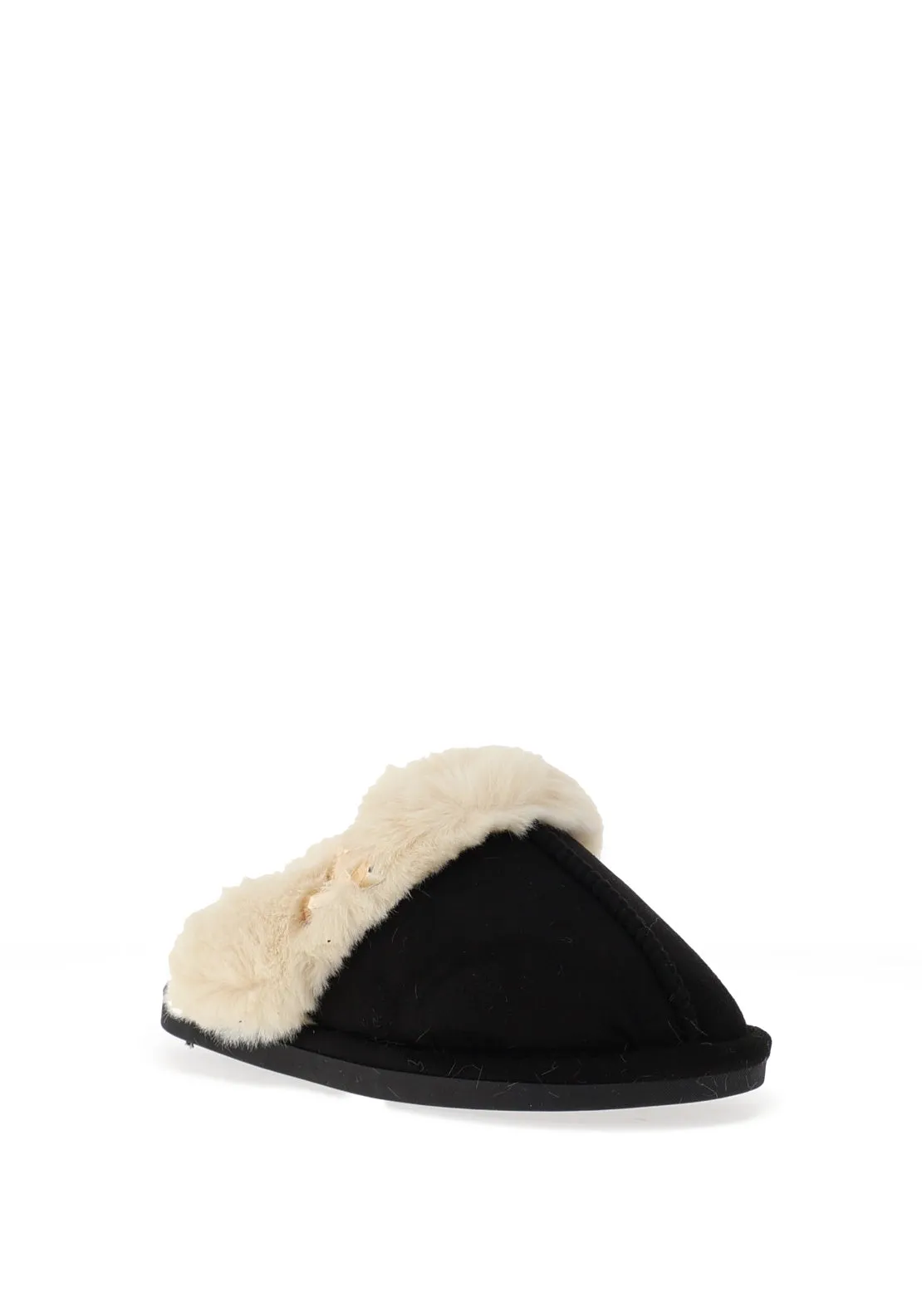 Zen Collection Faux Fur Brooch Detail Slippers, Black