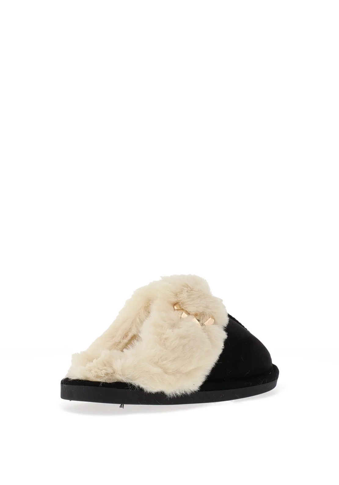 Zen Collection Faux Fur Brooch Detail Slippers, Black