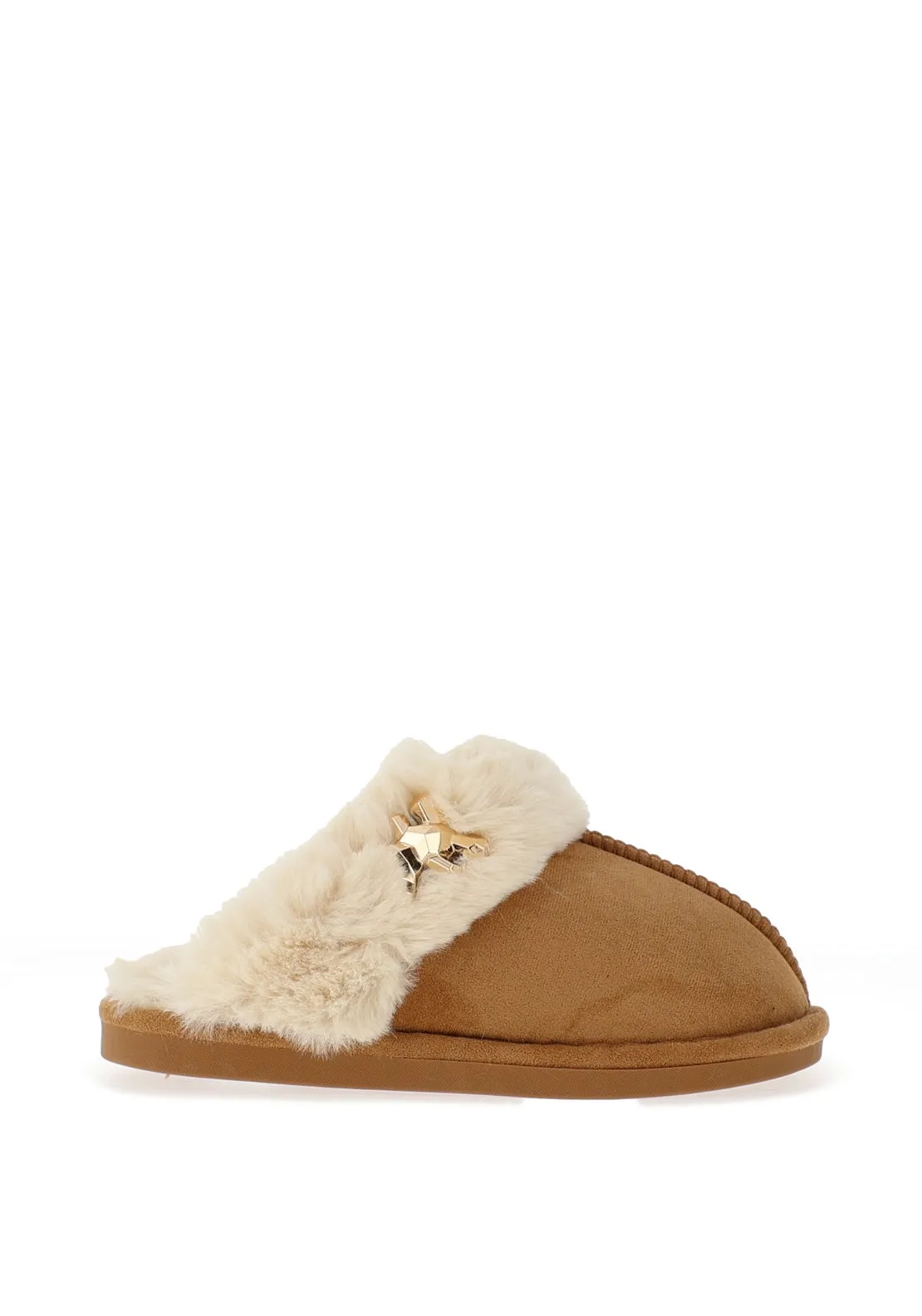 Zen Collection Faux Fur Brooch Detail Slippers, Camel