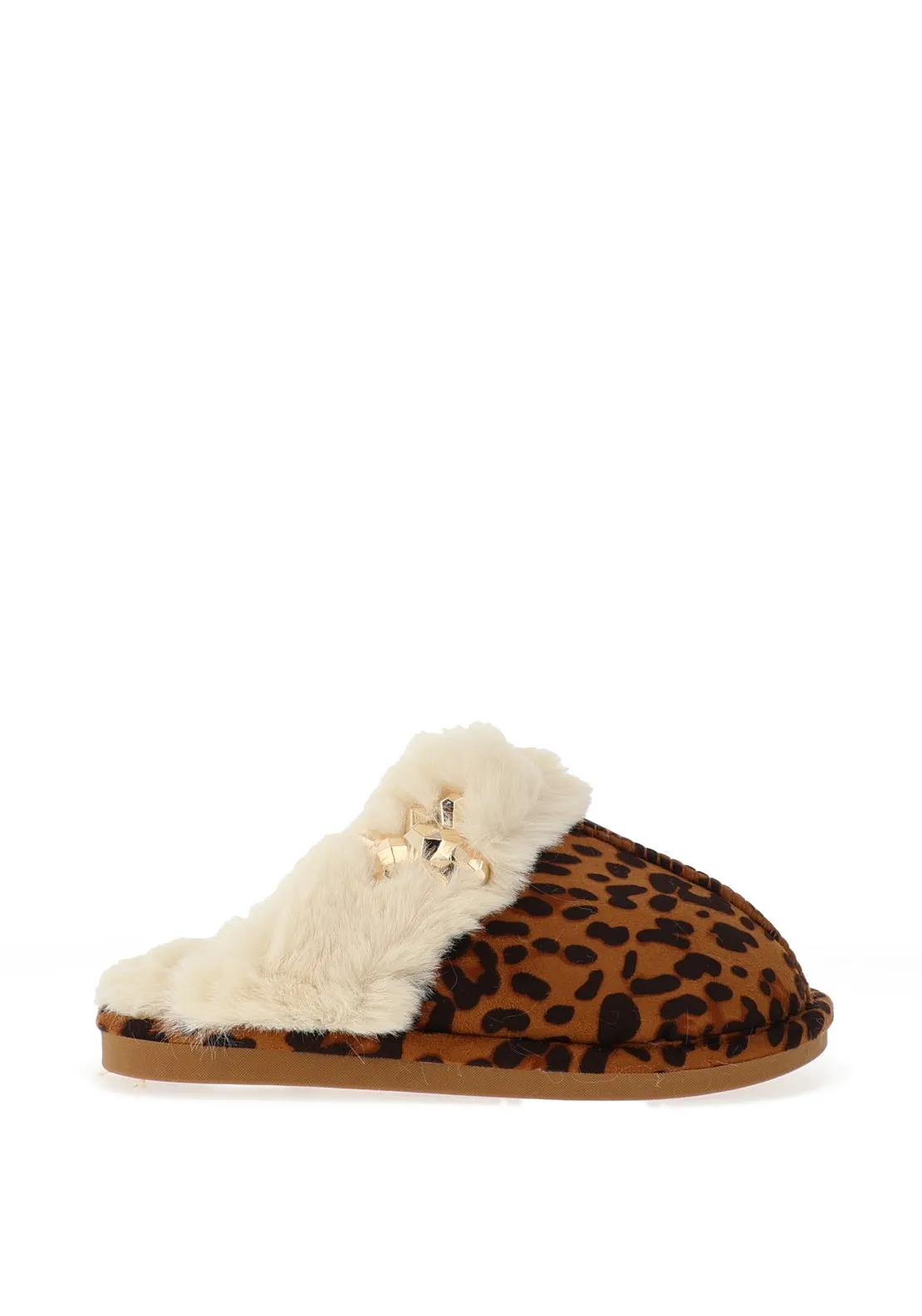 Zen Collection Faux Fur Brooch Detail Slippers, Leopard