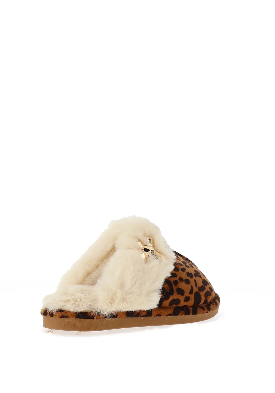 Zen Collection Faux Fur Brooch Detail Slippers, Leopard