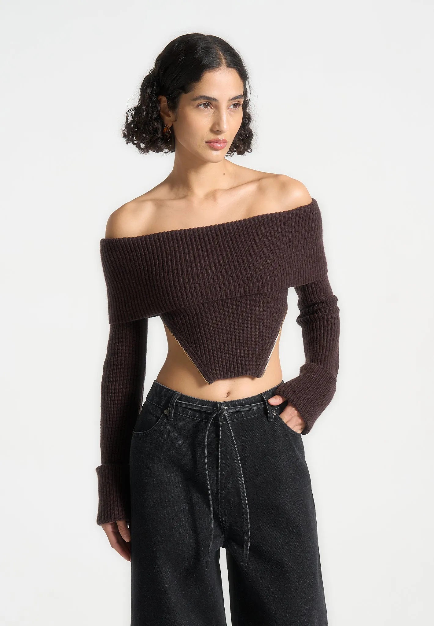 Zip Detail Knit Bandeau Top - Brown