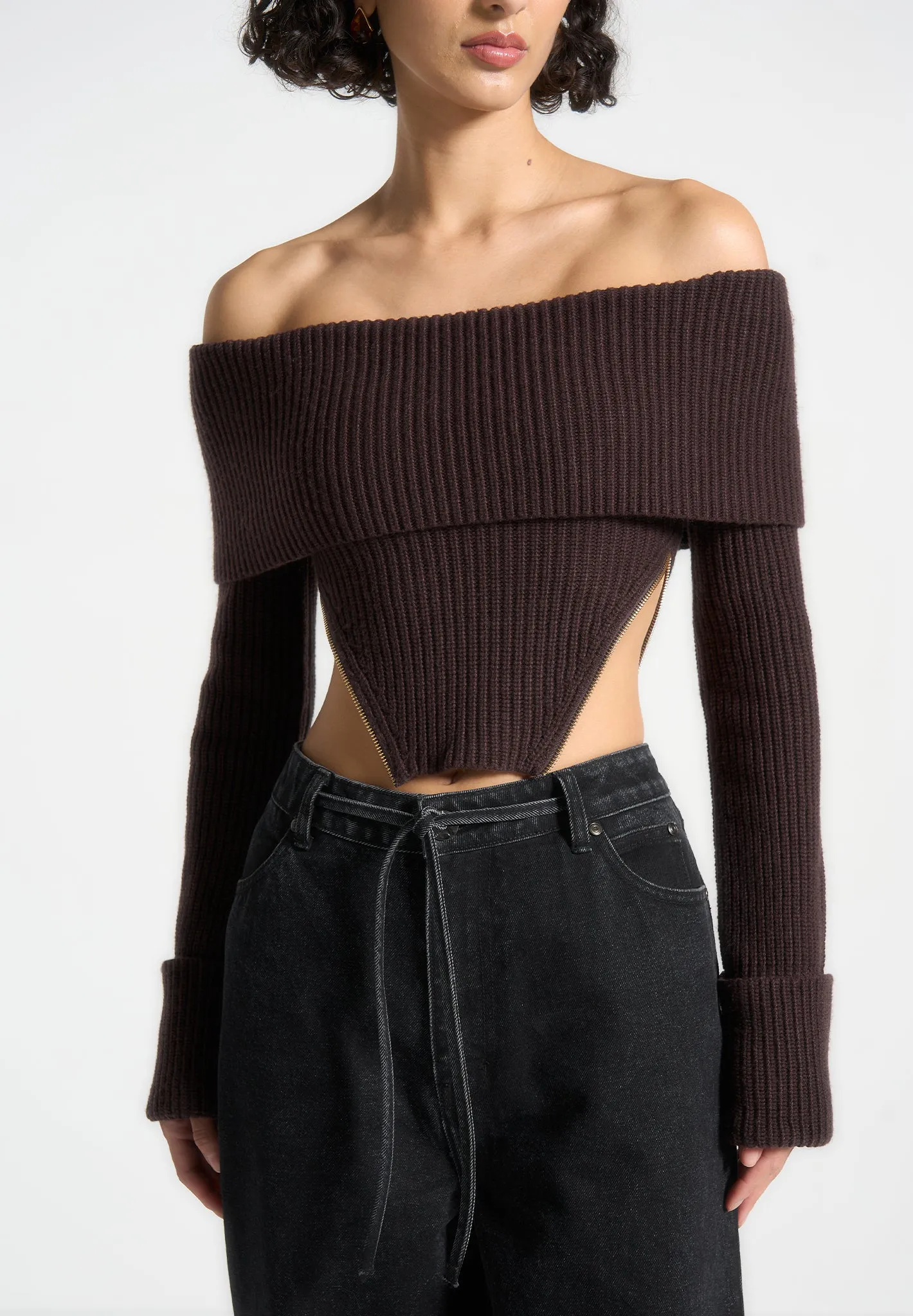 Zip Detail Knit Bandeau Top - Brown