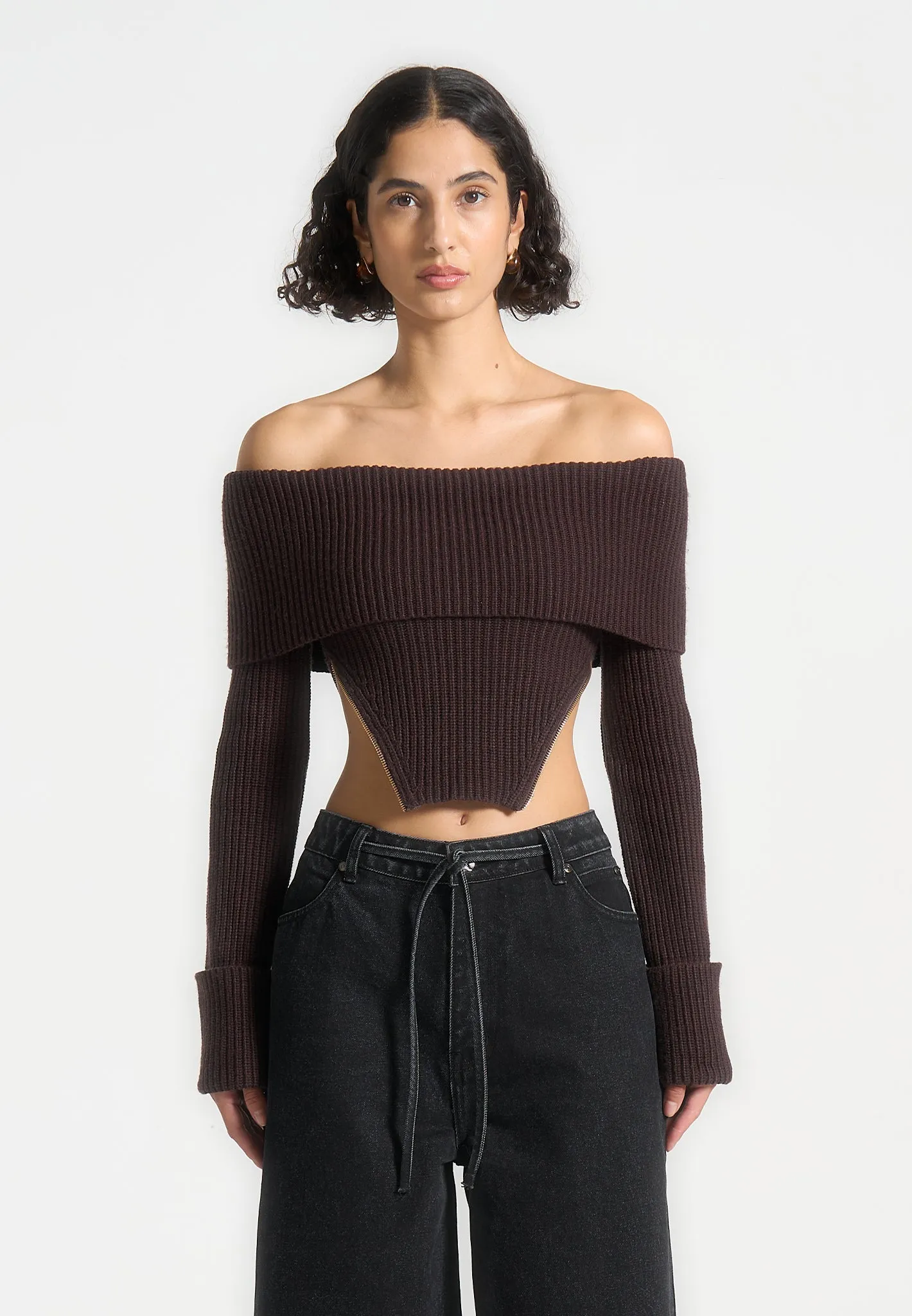 Zip Detail Knit Bandeau Top - Brown