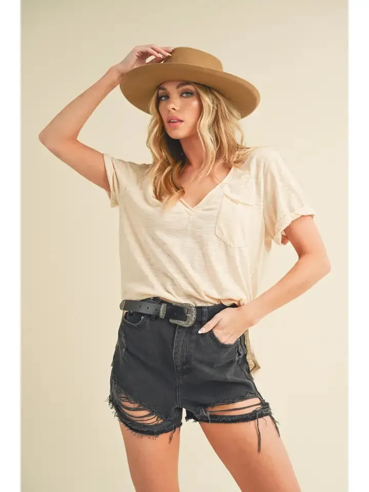 Short Sleeve Knit Top with Rolled Hem