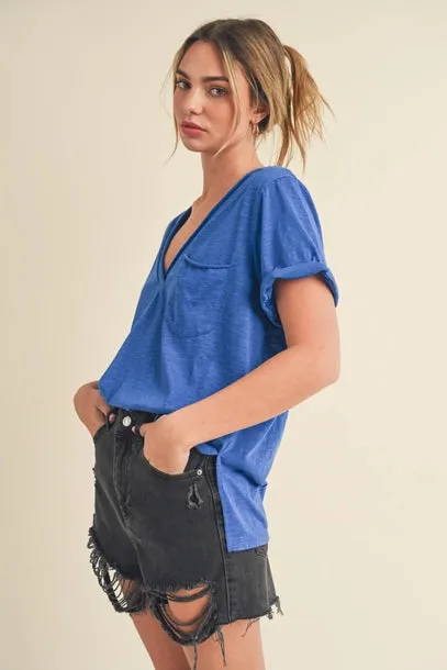 Short Sleeve Knit Top with Rolled Hem